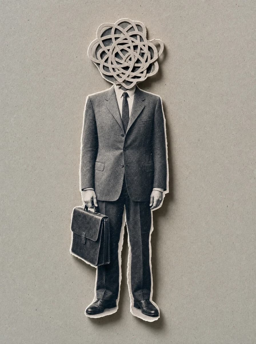 Eine Figur mit Kritzelkopf im Anzug, mit Aktenkoffer, im Papercraft-Stil.